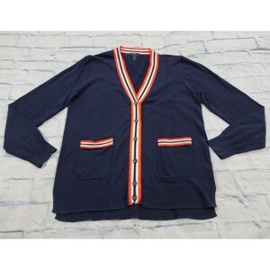 J Crew Cardigan Sweater WOMENS M Navy Blue Long Sleeve Neon Trim Retro Preppy